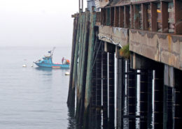 A fishing pier and small boat on a foggy ocean