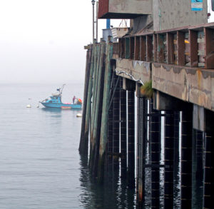 A fishing pier and small boat on a foggy ocean