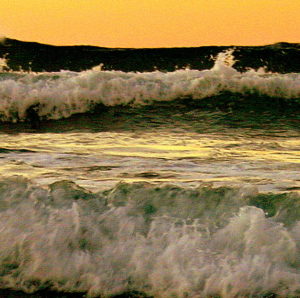A dramatic line of waves rolls towards the camera