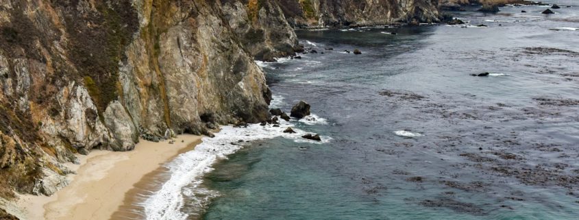 Dark patches of kelp stand out against the teal of the Big Sur coast. Highway 101 is visible on the clifftops