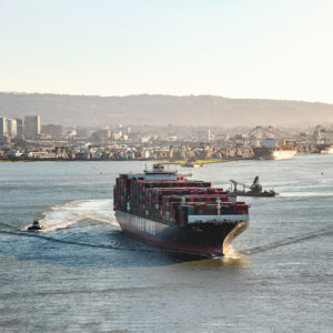 Cargo ship leaving Port of Oakland
