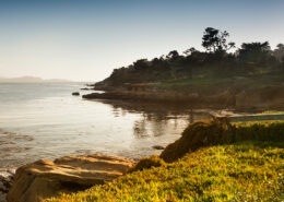 Photograph of a coastline and grass at sunset