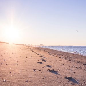 Photo of two silhouetted people walking along a beach in the morning, with the sun shining brightly into the camera. Their footprints are clearly visible on the sand of the beach.