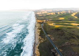 Aerial photograph of CA Highway 101 and the coastline. Waves are visible in the water and green hills roll away to the east.