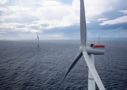 Offshore windmills on a cloudy day, looking over the North Sea in Scotland