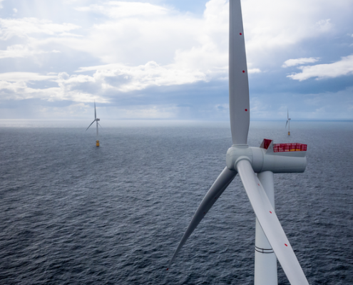 Offshore windmills on a cloudy day, looking over the North Sea in Scotland