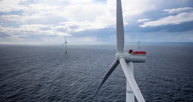 Offshore windmills on a cloudy day, looking over the North Sea in Scotland