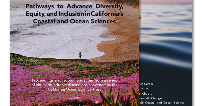 Cover and table of contents for Pathways to Advance DEI in CA's Coastal and Ocean Sciences report
