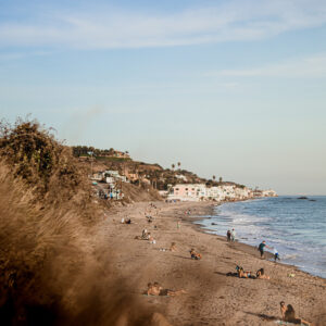 Coastal grasses and people are scattered in the foreground on a beach; in the distance, houses perch atop short cliffs above the water.