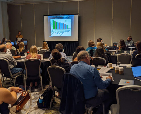 Photograph of a presenter speaking to a room of people at the West Coast Ocean Acidification and Hypoxia Symposium