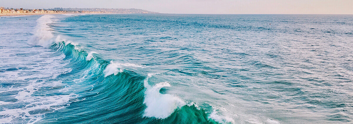 A low wave cresting towards a distant shore. A long line of whitecaps is visible, as are dunes along the horizon.