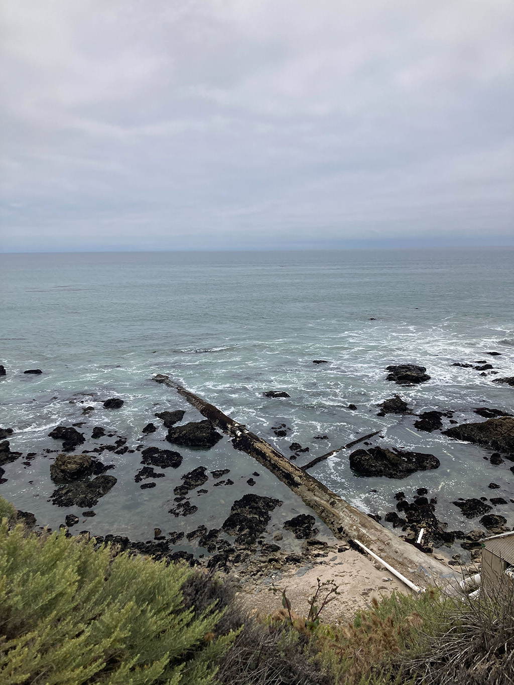 A black pipe extends into the gray of the Pacific Ocean, past greenery, then sand, then dark rocks in the surf. The sky is overcast and fades into the horizon.