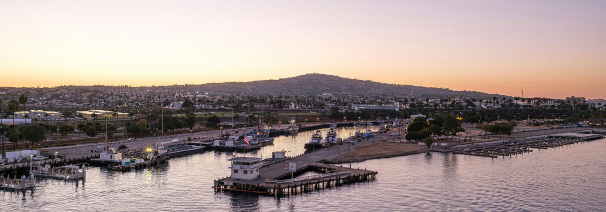 An elevated view of the San Pedro waterfront at sunrise.