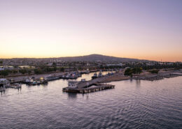 An elevated view of the San Pedro waterfront at sunrise.