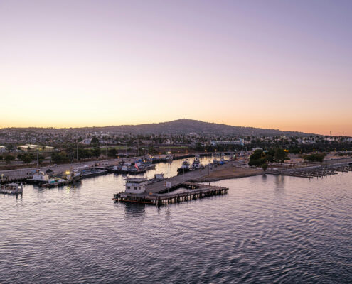 An elevated view of the San Pedro waterfront at sunrise.