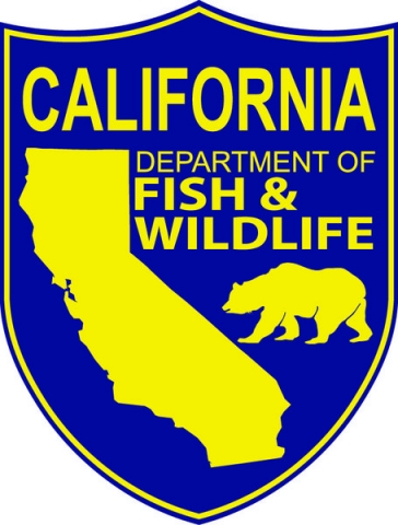 CDFW logo, a blue shield with gold image of California and a bear