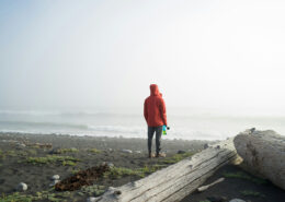 Photograph of a person in a red jacket standing with their back to the camera. A driftwood log is visible next to them, and the sea recedes into fog in behind them.